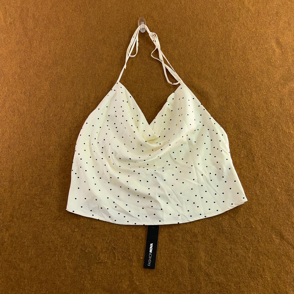 Fashion Nova Women 1X White Polka Dot Flirty Plans Satin Halter Top NWT